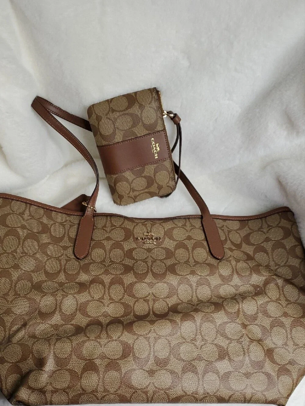 Coach Brown Signature Canvas Tote with Matching Wristlet